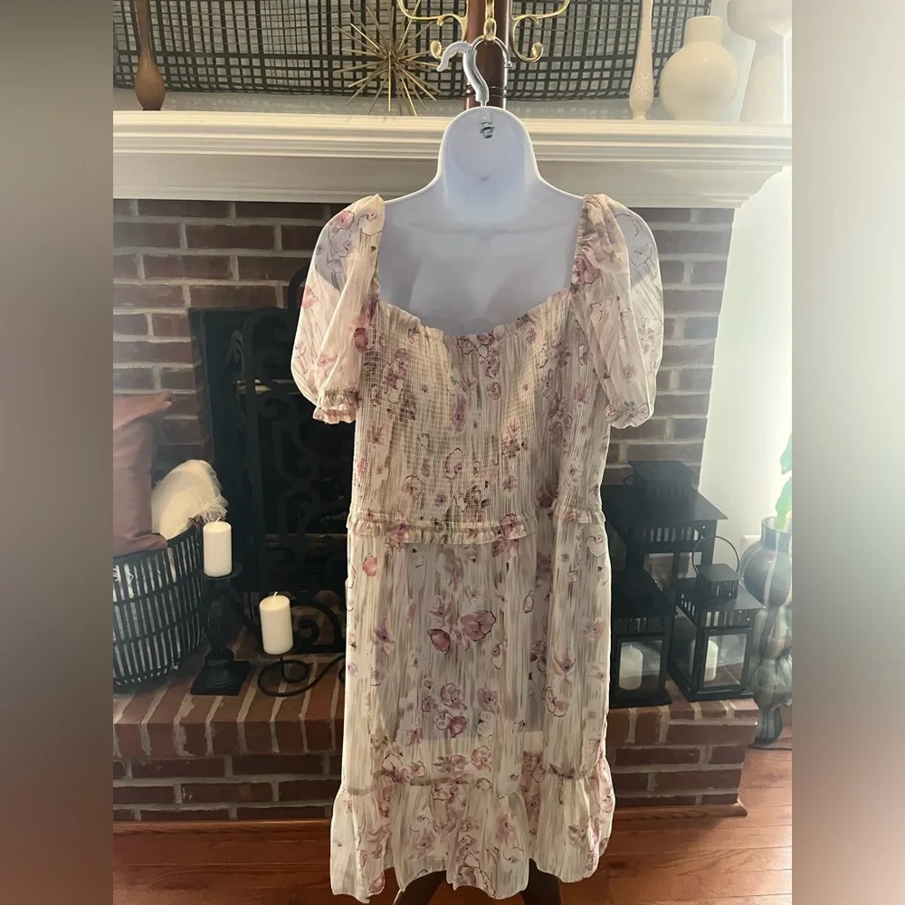 Never Worn! Black Tape Floral Mini Dress! Size:XL Color:Pink/Green on Taupe. - Picture 3 of 7